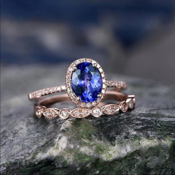 *NEW*2pc Set Rose Gold Bridal Sapphire Ring - Picture 2 of 6